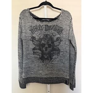 Harley Davidson Skull Print Sweater Gray Open Knit Pullover Wide Neck Size M